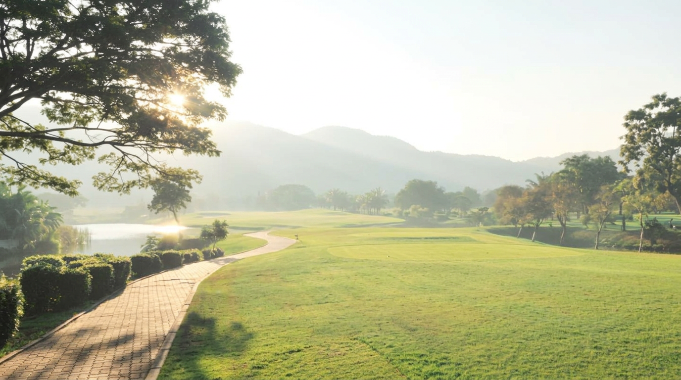 Sunlit golf course beside a lake in Thailand
